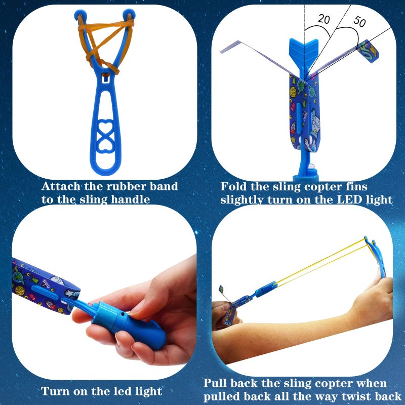 JX Rocket Slingshot Flying Toys with Led Lights 12Pcs LED Arrow Helicopters + 12Pcs Launchers Summer Outdoor Game LED Slingshot Toy for Kids  Glow in The Dark Kids Party Supplies - Image 3